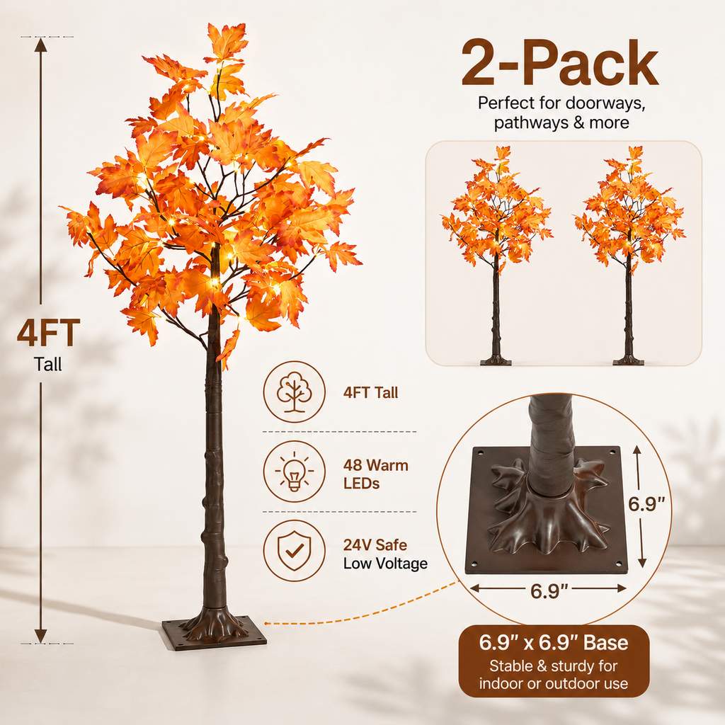 Holimax 4-Foot Maple Trees with LED Lights, 2-Pack