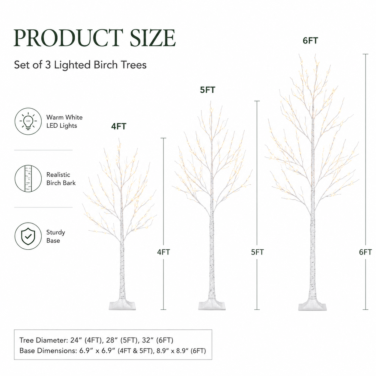 Holimax Set of 3 LED Lighted Birch Tree, 4FT, 5FT, 6FT